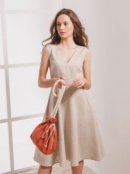 Beige linen dress with V neck, XS/S