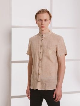 Beige short sleeve linen shirt with embroidery, S/M