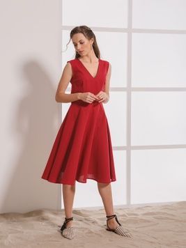 Bordeaux linen dress with V neck, S/M